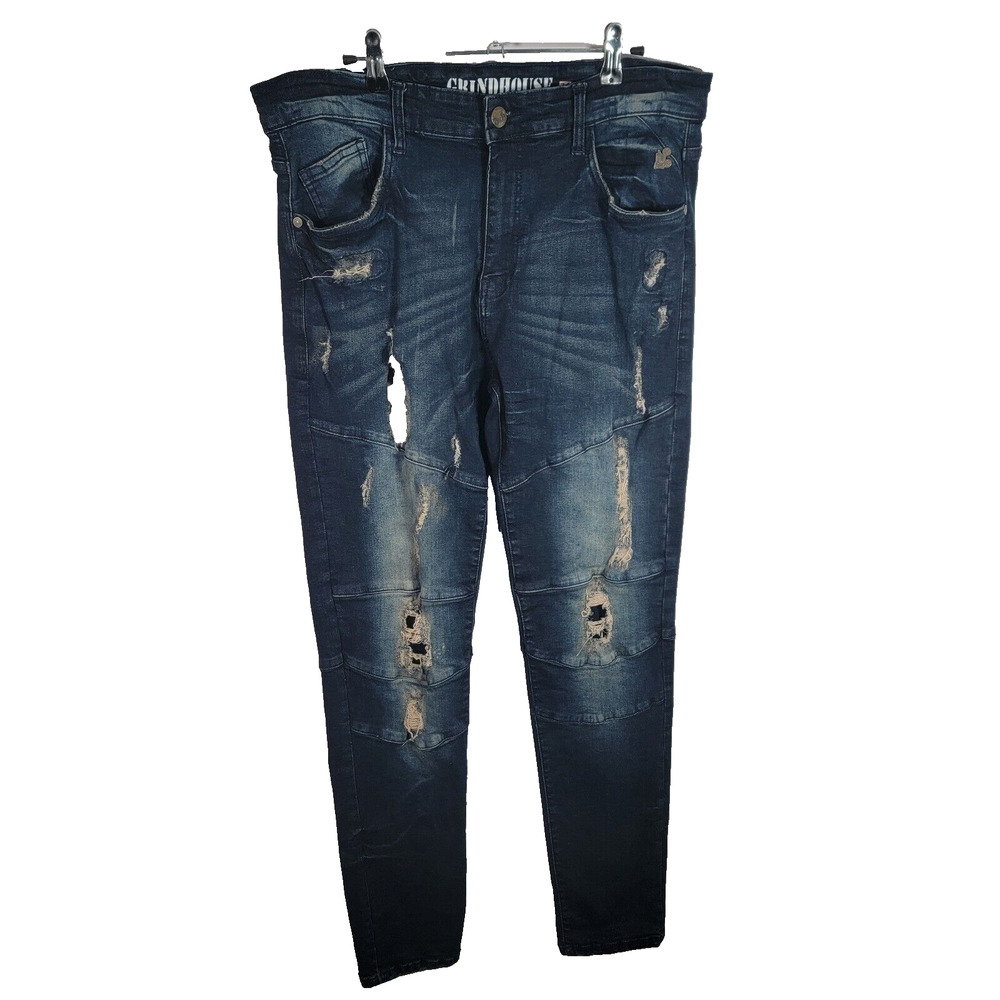 GRINDHOUSE Jeans Size 34x32 Tapered Leg Distressed Blue Stretch Denim Great Con